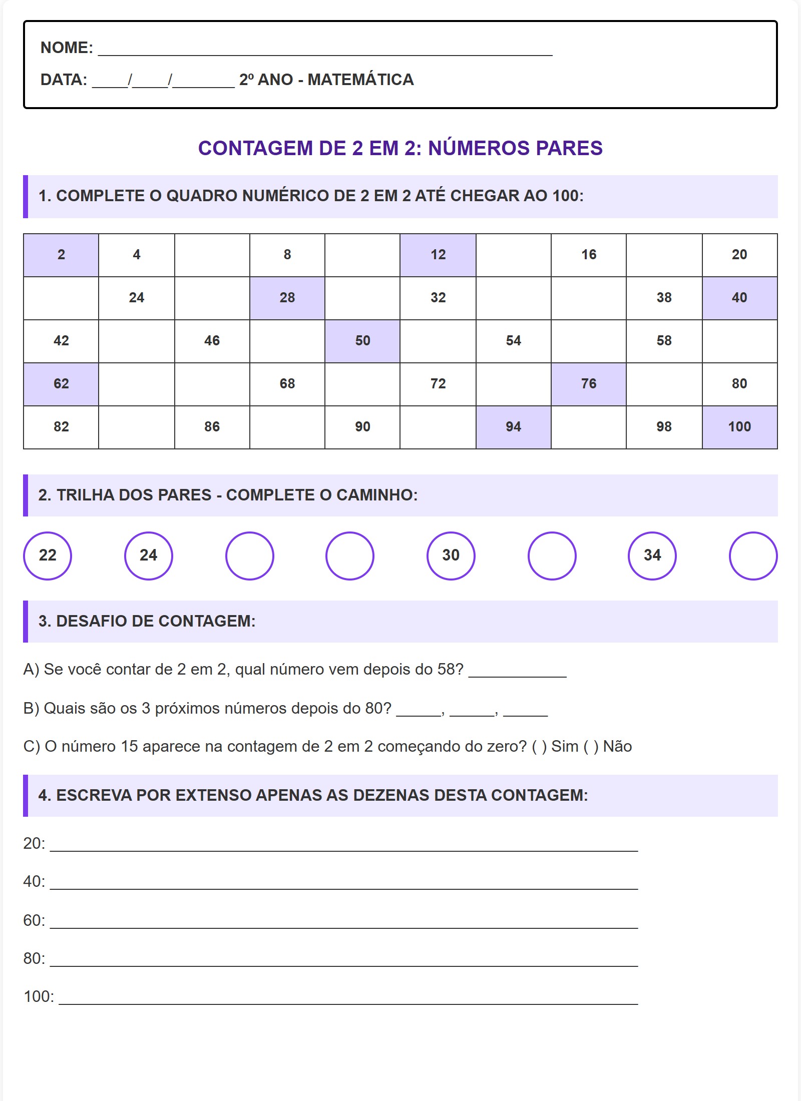 Atividade de Contagem 2 em 2 até 100 para imprimir